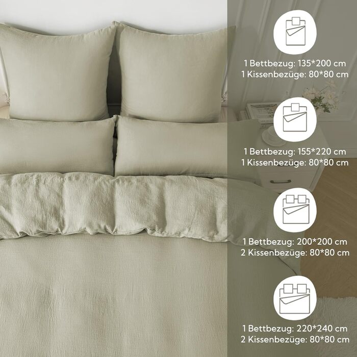 Набір постільної білизни SOULFUL з мусліну 200x200, бавовна, 2 шт. (простирадло 135x200 см, 2 наволочки 80x80 см), з блискавкою, ÖKO-TEX, Небесно-зелений