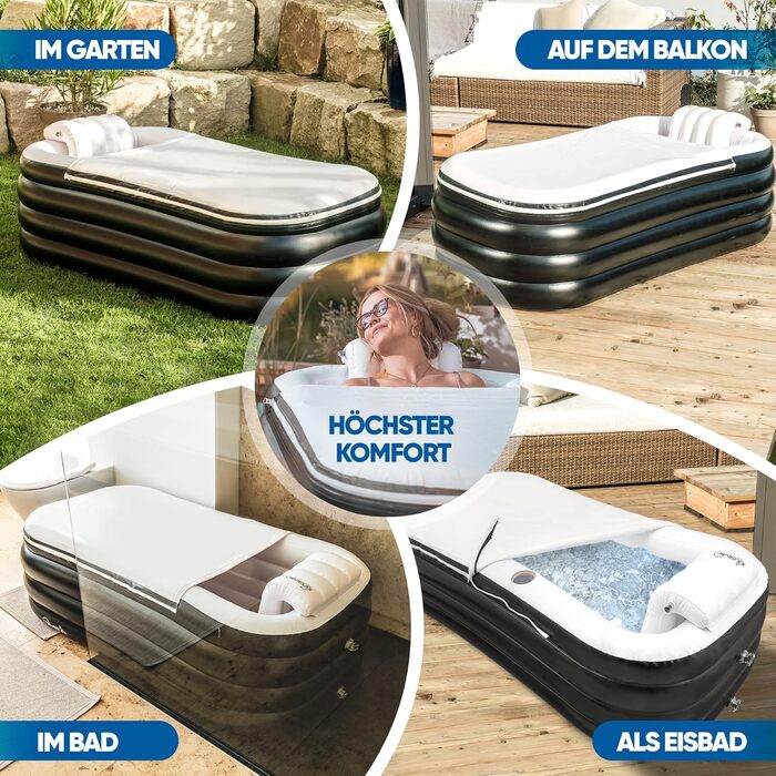 Надувна ванна TIMELAX® XL з ергономічною спинкою, 0,5 мм PVC, без BPA | Мобільна ванна для дорослих, чорна