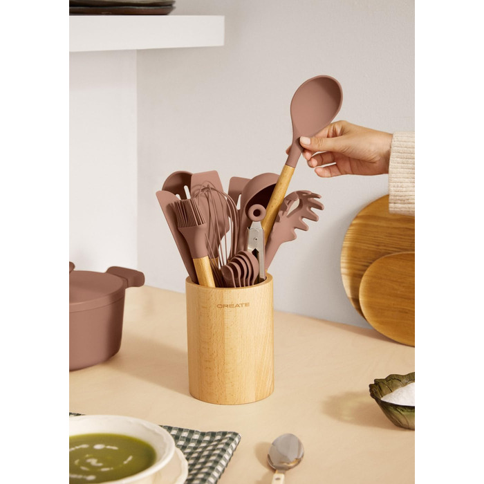 Набір кухонних аксесуарів 11 предметів, кремово-білий, силікон та бука, BPA-free, стійкий до 230°C