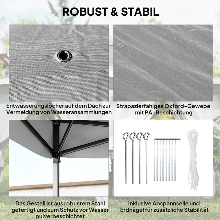 Павільйон для саду, металева конструкція з тканиною, сітчасті штори, дренажні отвори, розміри 330 x 330 x 288 см, сірий