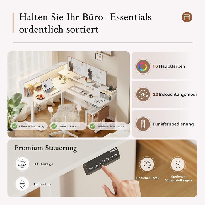 Електричний кутовий стіл Klicelor з регулюванням висоти, 160 x 140 см, білий, з LED та 3 функціями пам'яті