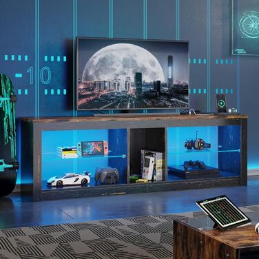 ТВ-тумба Bestier для телевізорів до 65 дюймів, 160x35x52 см з RGB-підсвічуванням та органайзером для кабелів, регульована скляна полиця, темно-коричневий