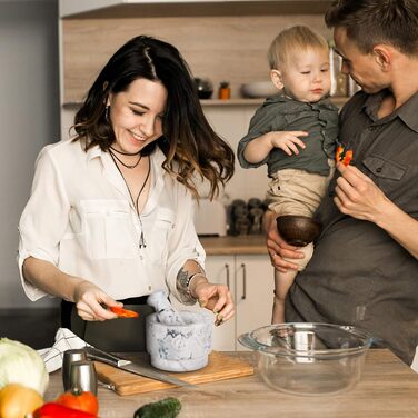 Набір ступки та пестика, мармур, 2.2 чашки – Набір ступки та пестика з мармуру, двосторонній, для приготування гуакамоле, з кришкою та ложкою