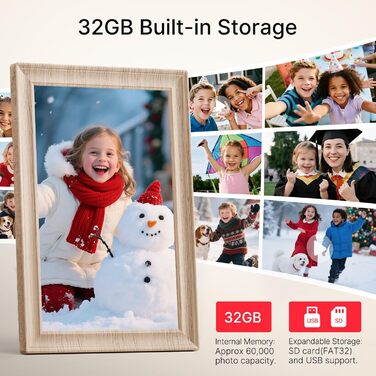 Frameo Цифровий фоторамка 10.1 дюймів, HD 1280*800 IPS сенсорний екран, 32GB пам'ять, автоповорот, Frameo App для обміну фото та відео, білий дерев'яний масив