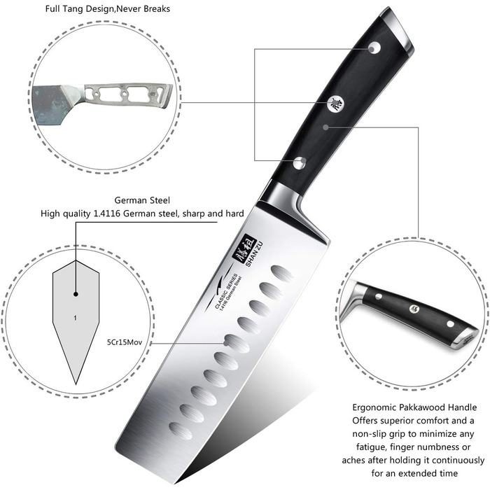 Набір кухонних ножів SHAN ZU з бруском, 14 предметів. Професійний німецький набір кухонних ножів з точильним бруском. Комплект ножів для кухні (включає Nakiri ніж 16.5 см)