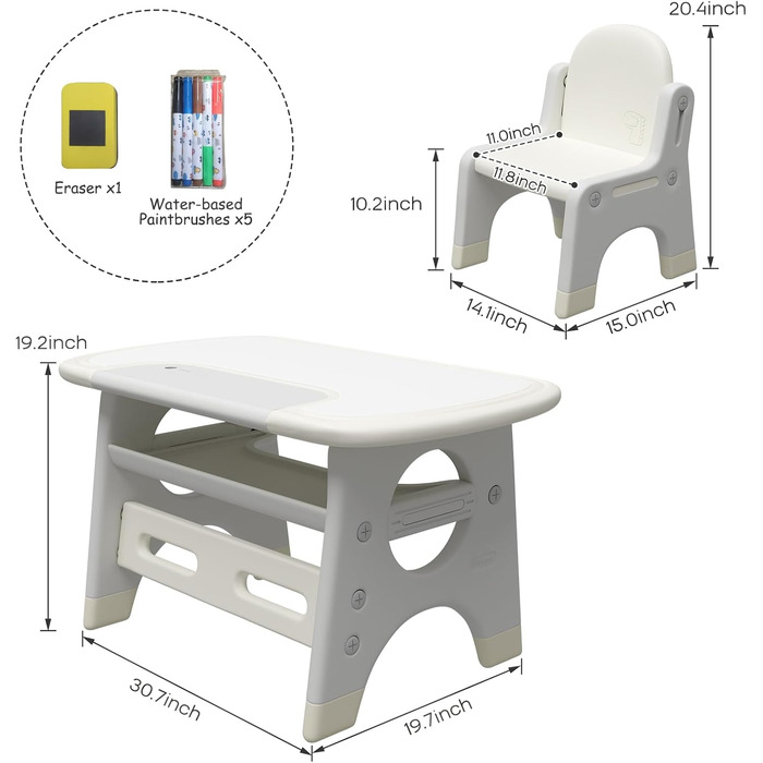 Дитячий стіл і стілець для малювання з дошкою, що стирається, акварельними олівцями та табуретом (сірий)