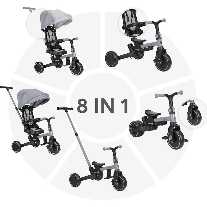 KikkaBoo Триколісний велосипед 8-в-1 з ручкою для батьків Aluma (Сірий) від 1 року. Дитячий велосипед з поворотним сидінням, ремені безпеки, алюмінієва рама