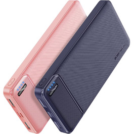 Набір AsperX Power Bank 2 шт. и, 10000 мАг, USB-C, тонкий і міцний, зовнішній акумулятор (рожевий/темно-синій)