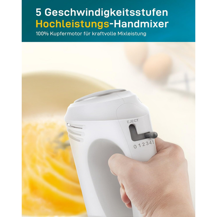 Електричний ручний міксер Kestreln з плоским дном для випічки, потужний міксер для тортів та густого тіста, з гаком для вимішування (S1 білий)