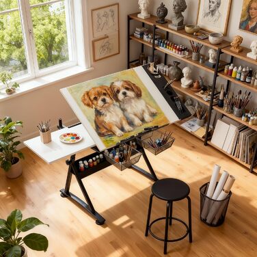 Набір мольбертів Magshion: регульований стіл для художника з нахиленою дерев'яною стільницею, стілець та 2 висувними ящиками для зберігання. Підходить для дому, офісу та школи (білий/чорний)