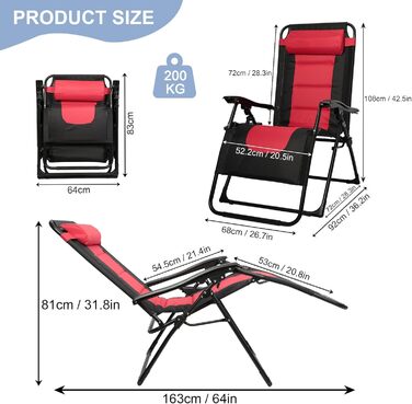 Розкладне ліжко для саду, широке 72 см, з підстаканником та подушкою, для відпочинку на вулиці (червоне)