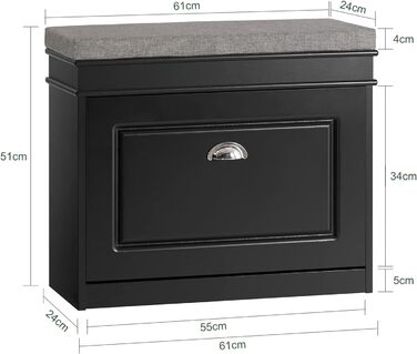 Полка для взуття SoBuy з подушкою для сидіння та місцем для зберігання, вузька, чорна, 60x51x24 см, до 150 кг