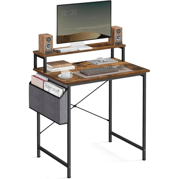 Письмовий стіл, комп'ютерний стіл з підставкою для монітора, сумка для зберігання, X-подібні стійки, регульовані ніжки, 55 x 80 x 91 см, для домашнього офісу, промисловий дизайн, вінтажний коричнево-чорний LWD080B01 80x55cm