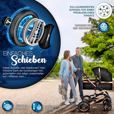 Дитяча коляска KIDUKU® 3 в 1 XXL Комплект | Комбінована коляска з люлькою, прогулянковим блоком та автокріслом | З підножкою, рюкзаком, грічкою, дощовиком та столиком | Надувні колеса, чорний / мідно-золотий, ECE R129