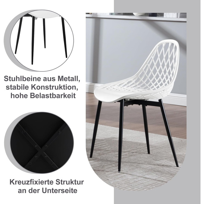 Набір обідніх стільців 4 шт., кухонний стілець з перфорованою спинкою, стілець для вітальні з металевими ніжками, пластиковий стілець для кухні, вітальні, балкону, скандинавський, білий, K0018EZS-4