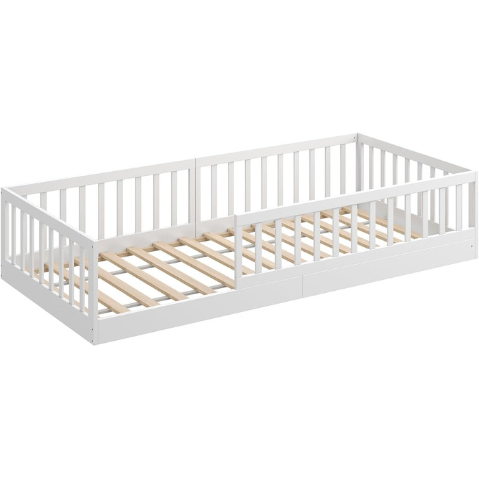 Ліжко дитяче CADANI Timi 2в1 Montessori 120x200 см з бортиками та ламелями, масив сосни, біле - 3 варіанти збірки, до 200 кг