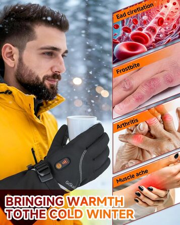 GoSkala Електричні гріючі рукавички для чоловіків, з акумулятором 7.4V 6000Ah, 3 режими нагріву, сенсорний екран, водонепроникні, з функцією Quick Dry, для катання на лижах, зимові рукавички (L, Чорний)