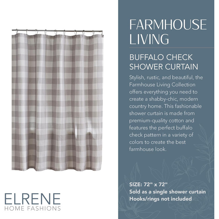 Шторка для душу Elrene Home Fashions Farmhouse Buffalo Check, 72'x72', сіра/біла