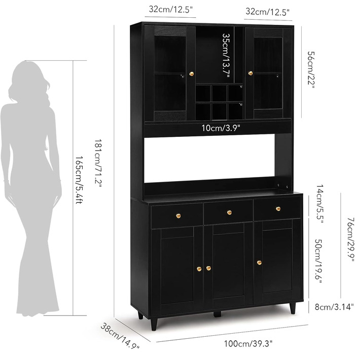 Кухонна шафа VOWNER: буфет, висока шафа з 5 полицями, вітрина, багатофункціональна шафа, шафа для їдальні, регульовані полиці, ДСП, 100 x 38 x 181 см