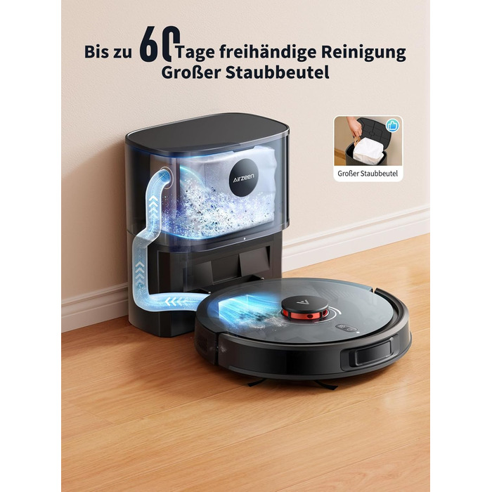 Робот-пилосос Airzeen Q10 Pro S з вологою, LiDAR-навігація, 5000Pa, для тварин, чорний