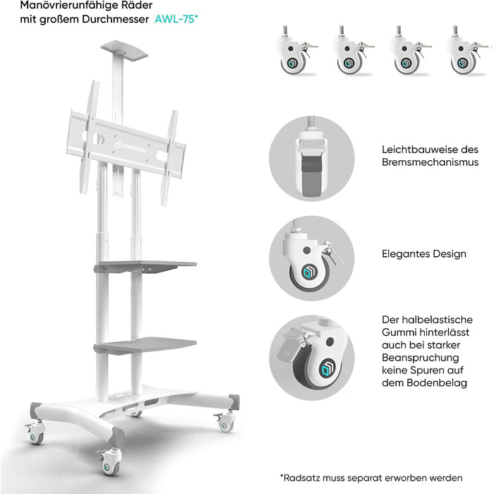Мобільна тумба під телевізор ONKRON 50-86 дюймів, 105 кг, регульована по висоті, VESA max 800x500, біла TS1881-W