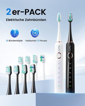 Електрична зубна щітка для дорослих та дітей - звукова, 8 насадок (3 типи), 90 днів роботи, 5 режимів, 50000 VPM, кейс для подорожей, таймер (Чорний + Білий)
