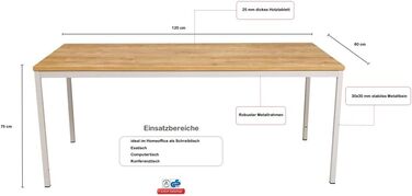 Стіл сталевий 120x60x75 см, дуб, TUV/GS-Легка збірка, Робочий стіл, Офісний стіл, Кухонний стіл, Обідній стіл, Стіл для принтера Офісні меблі Кабінет Комп'ютерний стіл Ігровий стіл Багатофункціональний стіл, 24