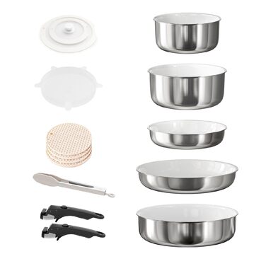 Набір посуду RIOVARM з індукційним покриттям: каструлі та сковороди з знімними ручками, антипригарне гранітне покриття, складна конструкція, кришки з силікону, без PFOA, 16 предметів з нержавіючої сталі