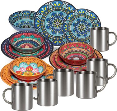 Набір посуду з меламіну Тоскана Пастель (16 частин) - BUNT, з мандала-орнаментом. Підходить для миття в посудомийній машині. Ідеально для кемпінгу, подорожей, пікніків та вечірок на природі. Включає: тарілки, миски, чашки з нержавіючої сталі.