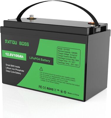 Акумулятор DATOUBOSS 12V 100Ah LiFePO4, 100A BMS, 8000 циклів, глибокий цикл, для автофургону, сонячна батарея, човен