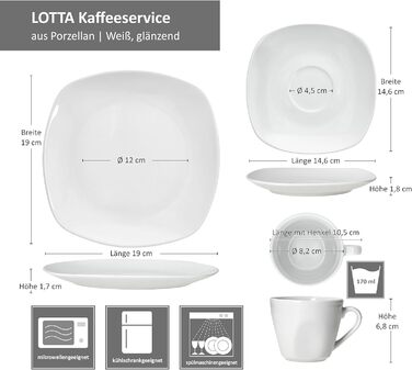 MamboCat Lotta - Комплект кавового сервісу на 6 осіб (18 предметів) | Біле порцелянове кавове сервісу | 6 чашок 170мл, 6 підстаканників, 6 тарілок | Для дому, ресторану, готелю