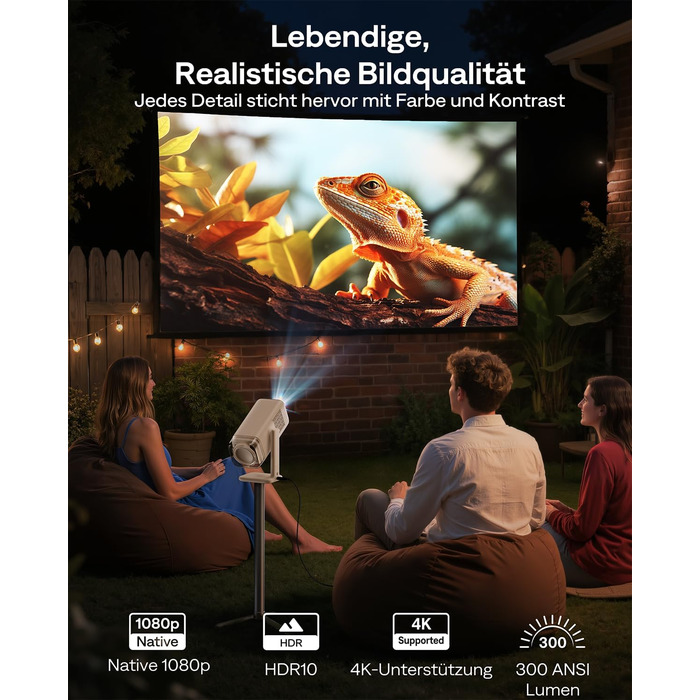 Портативний проєктор Aurzen Boom Air Mini з Google TV та Netflix, 4K, USB-C, Smart, Dolby Audio, WiFi, Bluetooth, автофокус TOF, поворотний штатив, кремово-білий