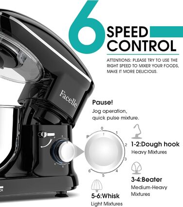 Кухонна машина Facelle 1500W з нержавіючою чашею 6.2 л, 6 швидкостей, комплект насадок (чорна)