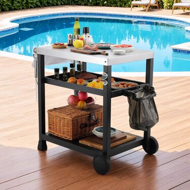 Grillwagen LIFERUN з нержавіючої сталі, 3 яруси, стіл для гриля, вуличний, з нержавіючою сталею, з гачками, на колесах