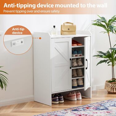 Шафа для взуття 5-ярусна в стилі фермерського дому з 2 дверцятами, самостійна шафа для взуття з регульованою полицею та металевими кутовими прикрасами для передпокою та коридору, біла