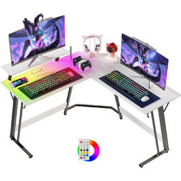 Ігровий кутовий стіл Devoko 130x130 см з LED RGB-підсвіткою, підставкою для монітора та гачком для навушників, карбоновий білий