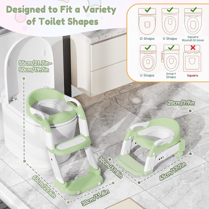 Універсальний дитячий сидіння на унітаз 3-в-1 з драбинкою, зелений – тренажер для хлопчиків та дівчаток, зручний унітаз-горщик для привчання до туалету