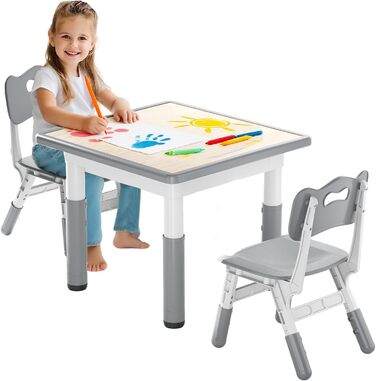 Дитячий стіл зі стільцями, дитяча група сидіння, регульована по висоті з HDPE та ABS, багатофункціональний дитячий стіл для дітей від 2 до 10 років, ергономічний набір столу та стільця для дитячої кімнати, 60*60 см, сірий
