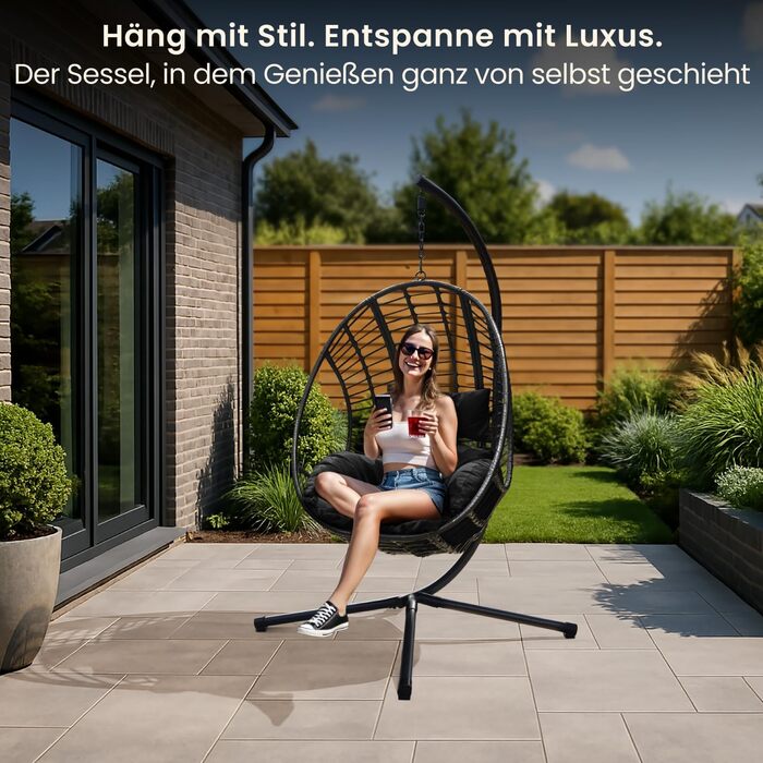 Крісло-гойдалка Swoods XXL з металевим каркасом - для дому та вулиці, з подушкою - яйцеподібне крісло, до 150 кг (темно-сірий)