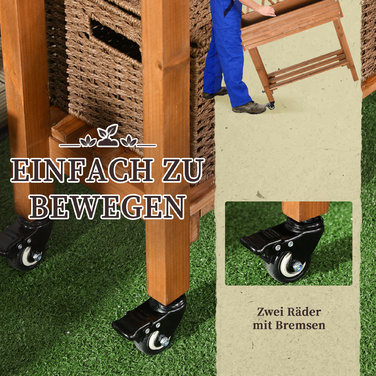 Високе грядка з вбудованою шпалерою, полицею для зберігання, колесами, масивного дерева, коричневого кольору, розміром 79 x 29 x 130 см