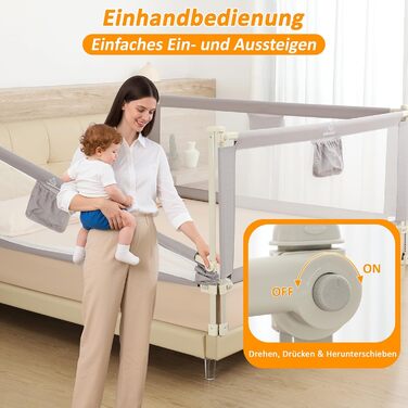 Бортики для ліжка дитячі 3 шт., захисні грати на ліжко для малюків (2x200 см + 1x180 см), сірі, складані