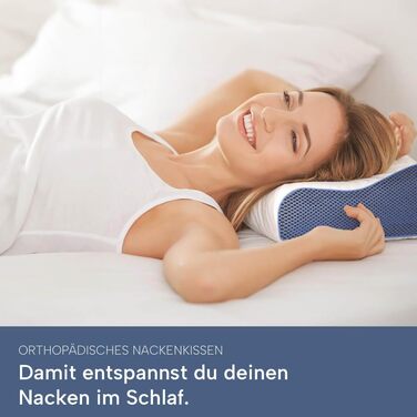 Ортопедична подушка для шиї з Memory Foam, регульована висота, знімає напругу голови та шиї, проти болю в шиї, 60x30 см, з синім чохлом, середньої жорсткості