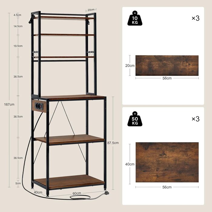 Кухонна полиця WOLTU з 6 ярусами, з розетками, мікрохвильова полиця з 6 гачками, полиця пекаря з металевим каркасом, регульовані полиці, Чорний+Рустикальне коричневий, 60 x 167 x 40 см