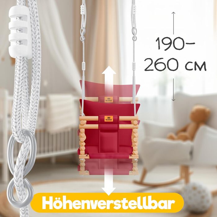 Дитячий гойдалка-колиска KIDIZ® для немовлят (від 6 міс.) та малюків до 3+ років, дерев'яна, з регулюванням висоти та м'якою подушкою, для дому та вулиці, бордовий колір