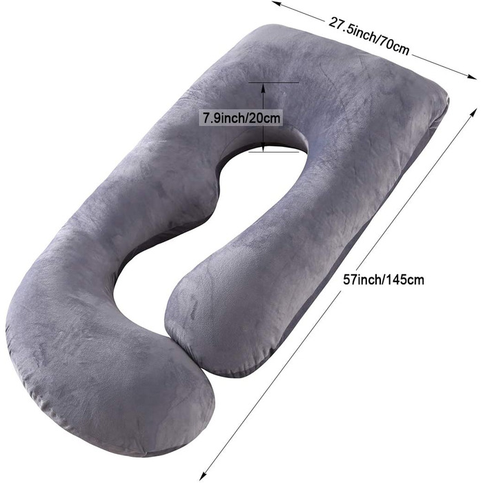 Подушка для вагітних SHANNA U-подібної форми XXL, велика подушка для годування, бічна подушка для сну, подушка для тіла U-подібної форми зі знімним і миється чохлом, подушка для вагітних 70 * 145 см (темно-сіра, оксамитова наволочка)
