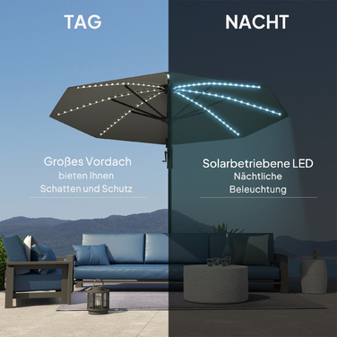 Outsunny Alu Centilever Parasol LED Solar Ø300 см регульована по висоті парасолька з кривошипною підставкою UV50+ Водовідштовхувальний ринок Обертовий ринок на 360° Нахилена садова парасолька Сонцезахисний захист для саду Балкон Темно-сірий