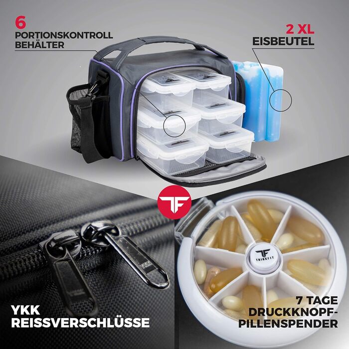 Ізольована ланчбокс з 6 контейнерами для їжі – BPA-Free, багаторазовий, підходить для мікрохвильової печі та морозильника – ланч-торба з шейкером, органайзером для пігулок, плечовим ремінцем та охолоджувальними акумуляторами – термосумка (фіолетовий)