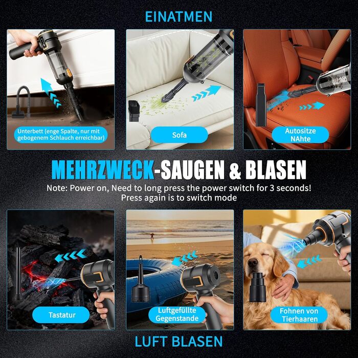 Акумуляторний ручний пилосмок для авто та дому 23000Па, міні-пилосмок з функцією продувки та насоса, 6000mAh, чорно-золотий