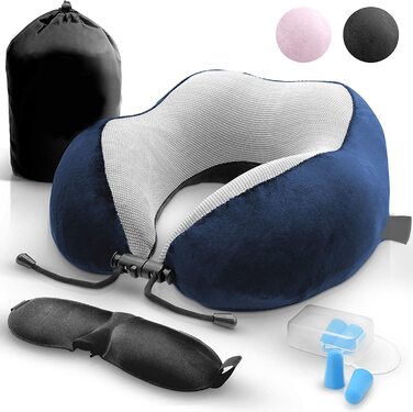 Вісімдесят ріжків для шиї, ортопедична подушка для шиї, спальна піна з ефектом пам'яті для літака, автобуса, поїзда, з масками для сну і дорожньої подушкою для перенесення (синя)