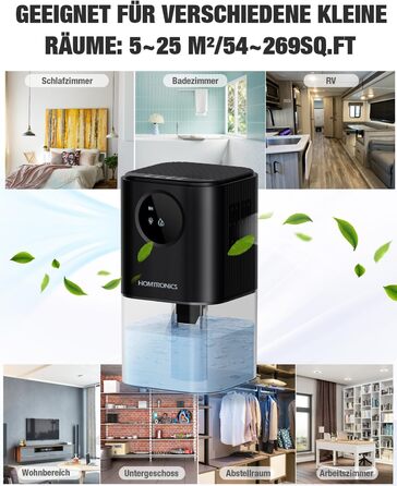 Електричний осушувач повітря Homtronics 1700 мл, портативний, тихий, з підсвіткою, для ванної, спальні, шафи, офісу (чорний)